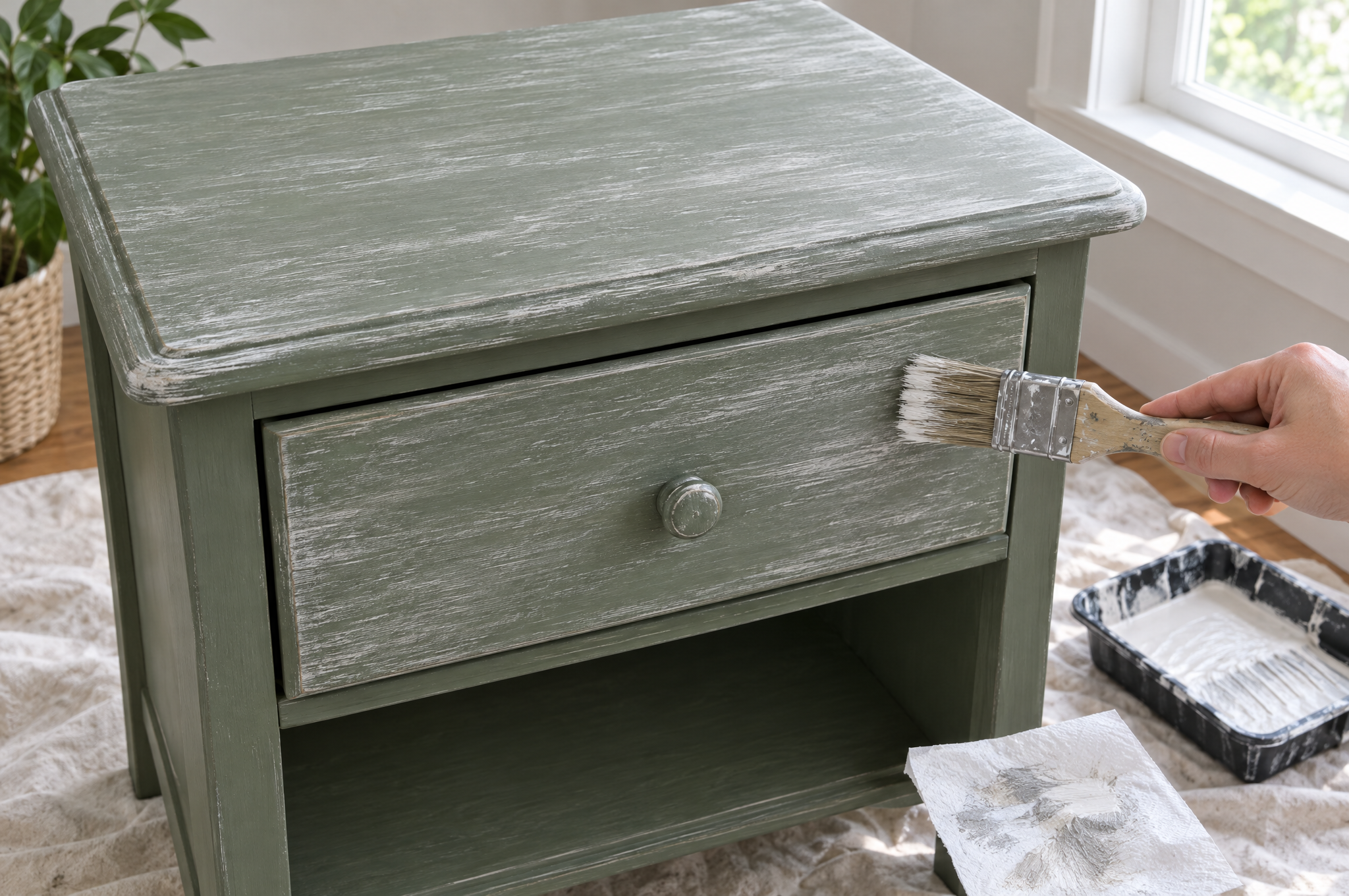 Dry brushing white paint over a sage green painted nightstand for a whitewashed look