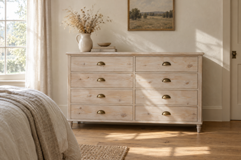 How to whitewash furniture: whitewashed pine dresser with brass pulls in a sunny bedroom