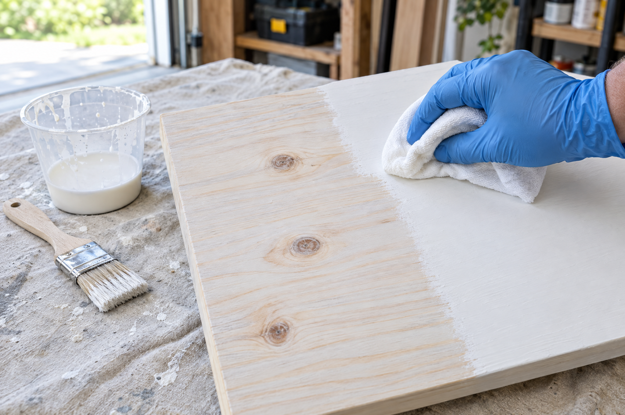 Wiping a thin coat of watered-down white paint off a pine board so the grain shows through