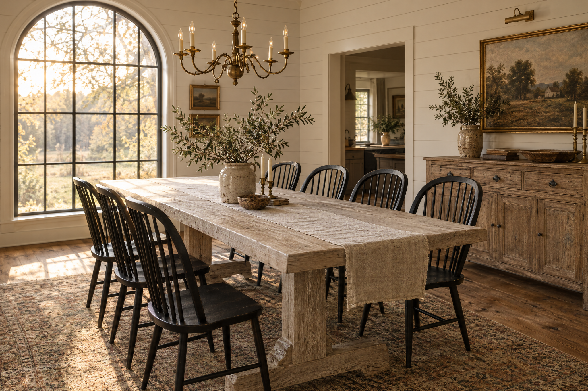 Whitewashed oak farmhouse dining table with black Windsor chairs in a sunlit room