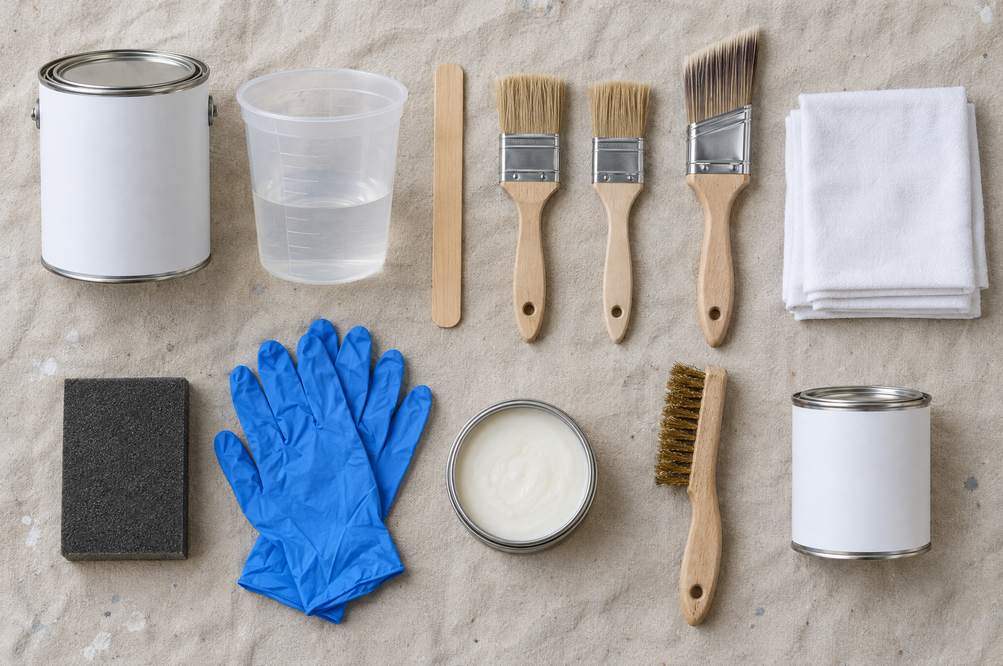 Whitewash supplies on a drop cloth: white paint, mixing cup, chip brushes, cloths, gloves, wax and topcoat