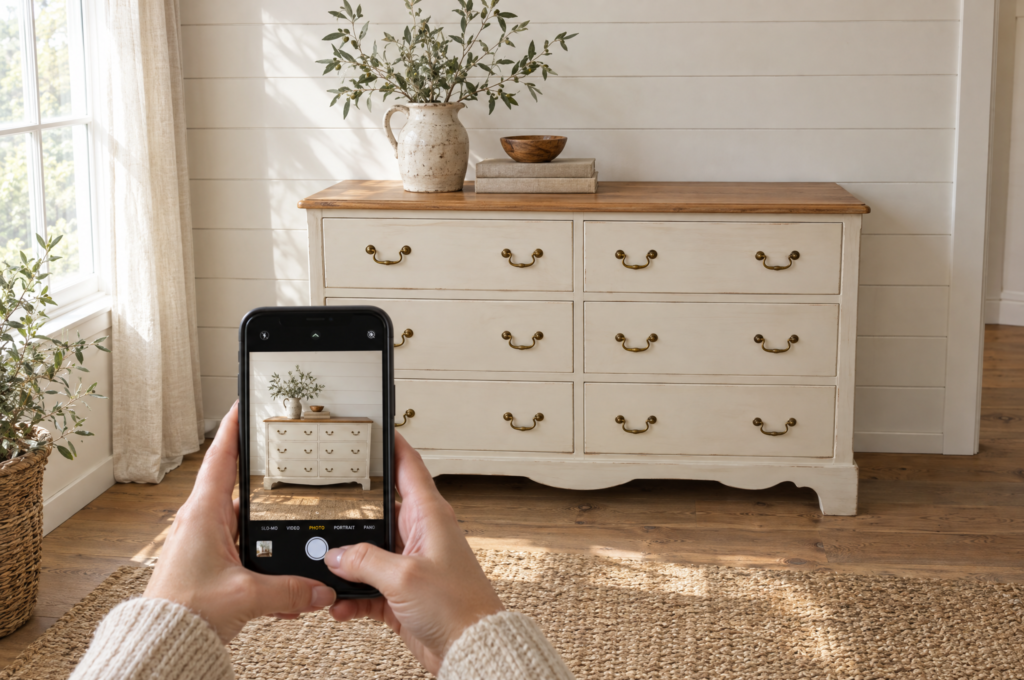 Flip furniture for Facebook Marketplace: photographing a refinished white dresser for a listing