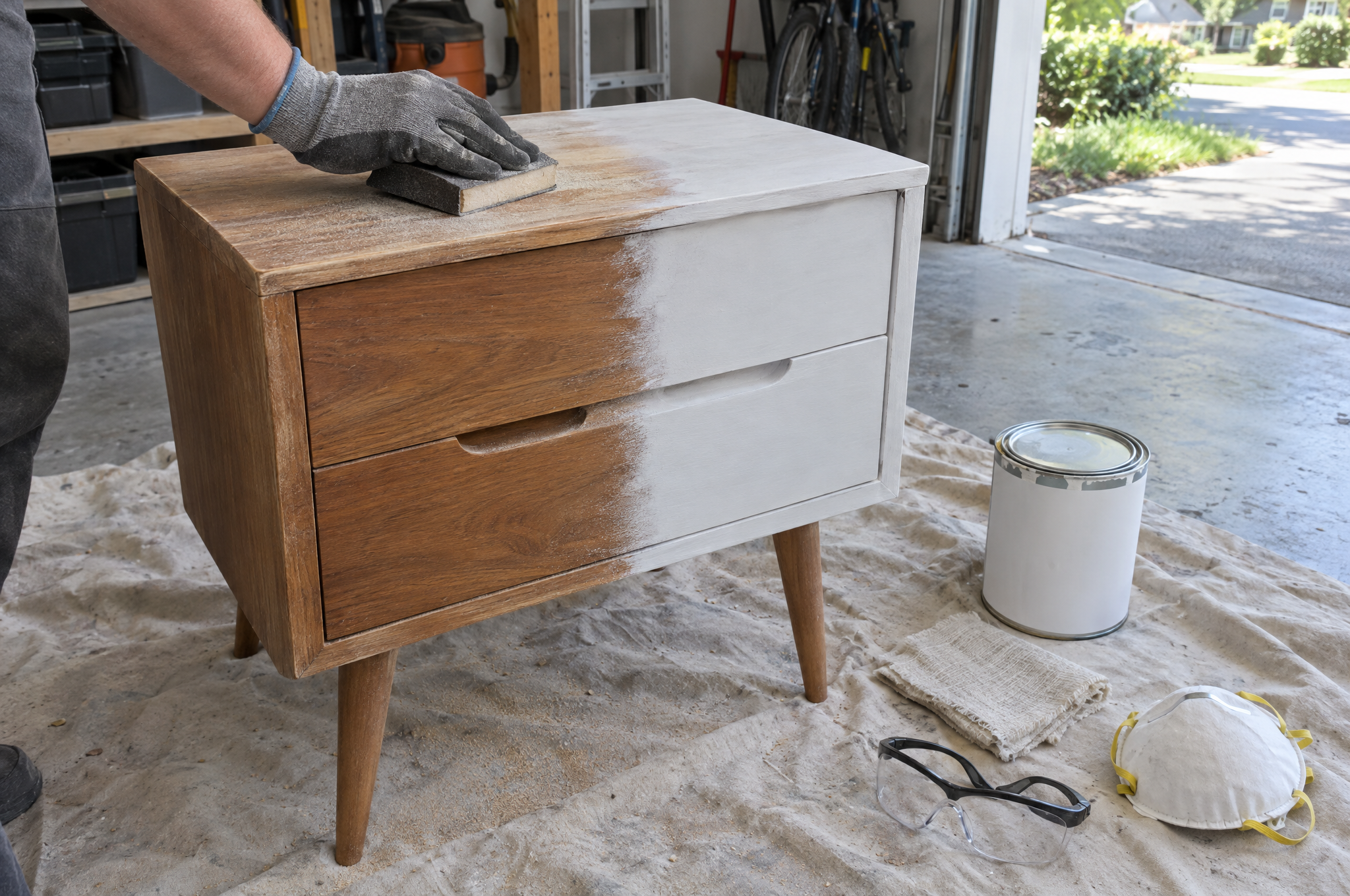 Sanding and priming a nightstand before painting it to sell