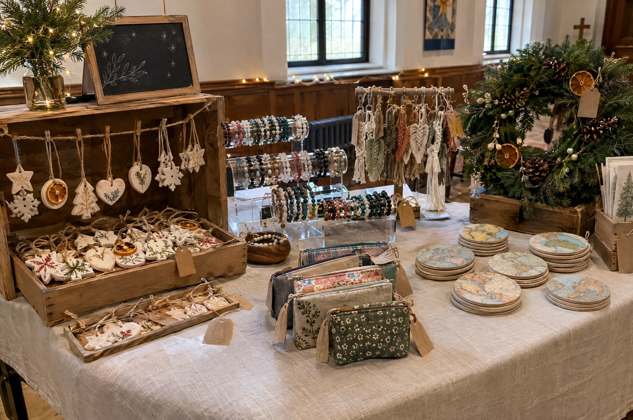 DIY crafts to sell at a holiday market table: ornaments, bracelets, keychains, pouches and coasters
