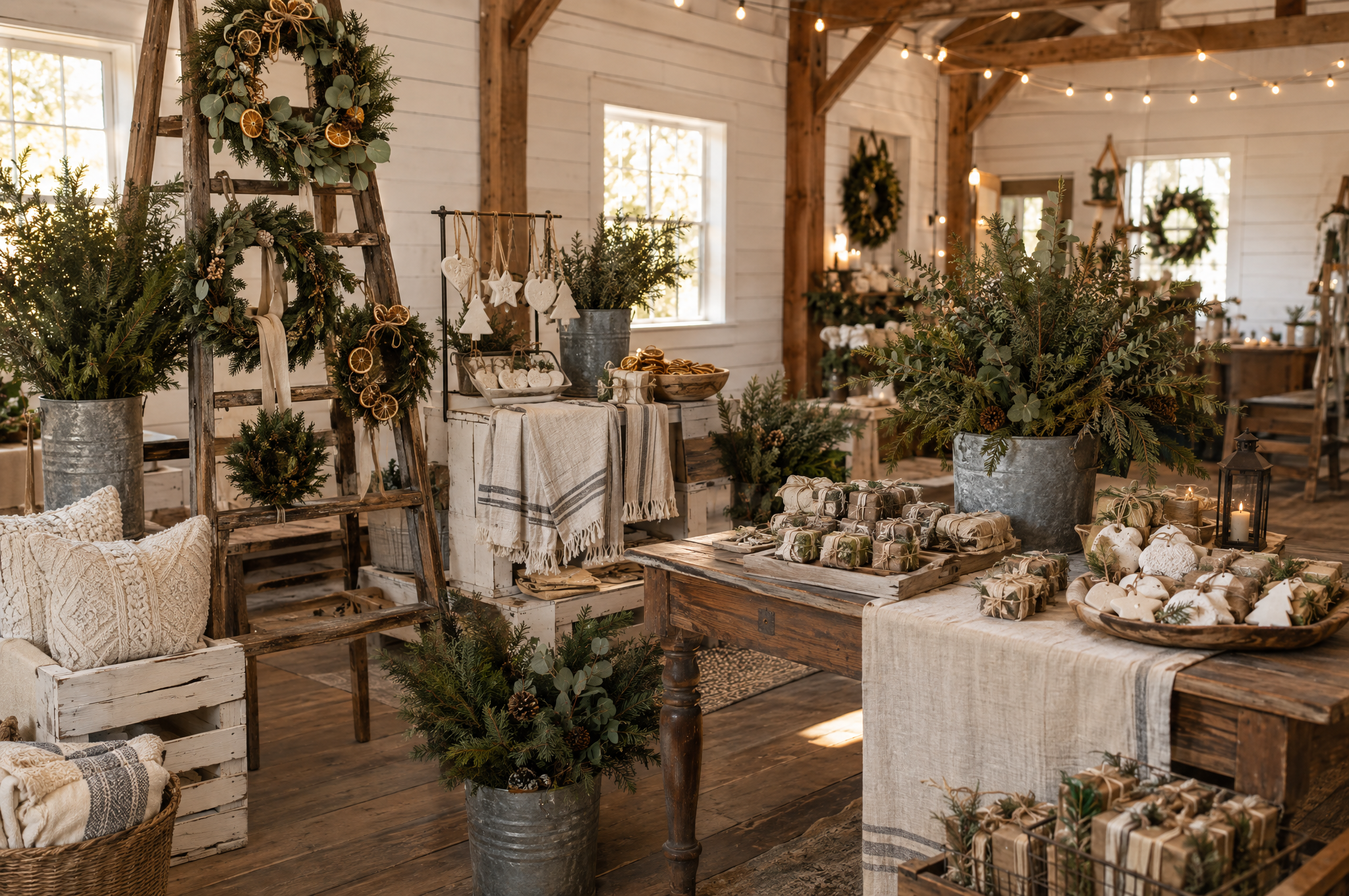 Farmhouse holiday market booth with handmade wreaths, linen tea towels, knit pillows and gift bundles