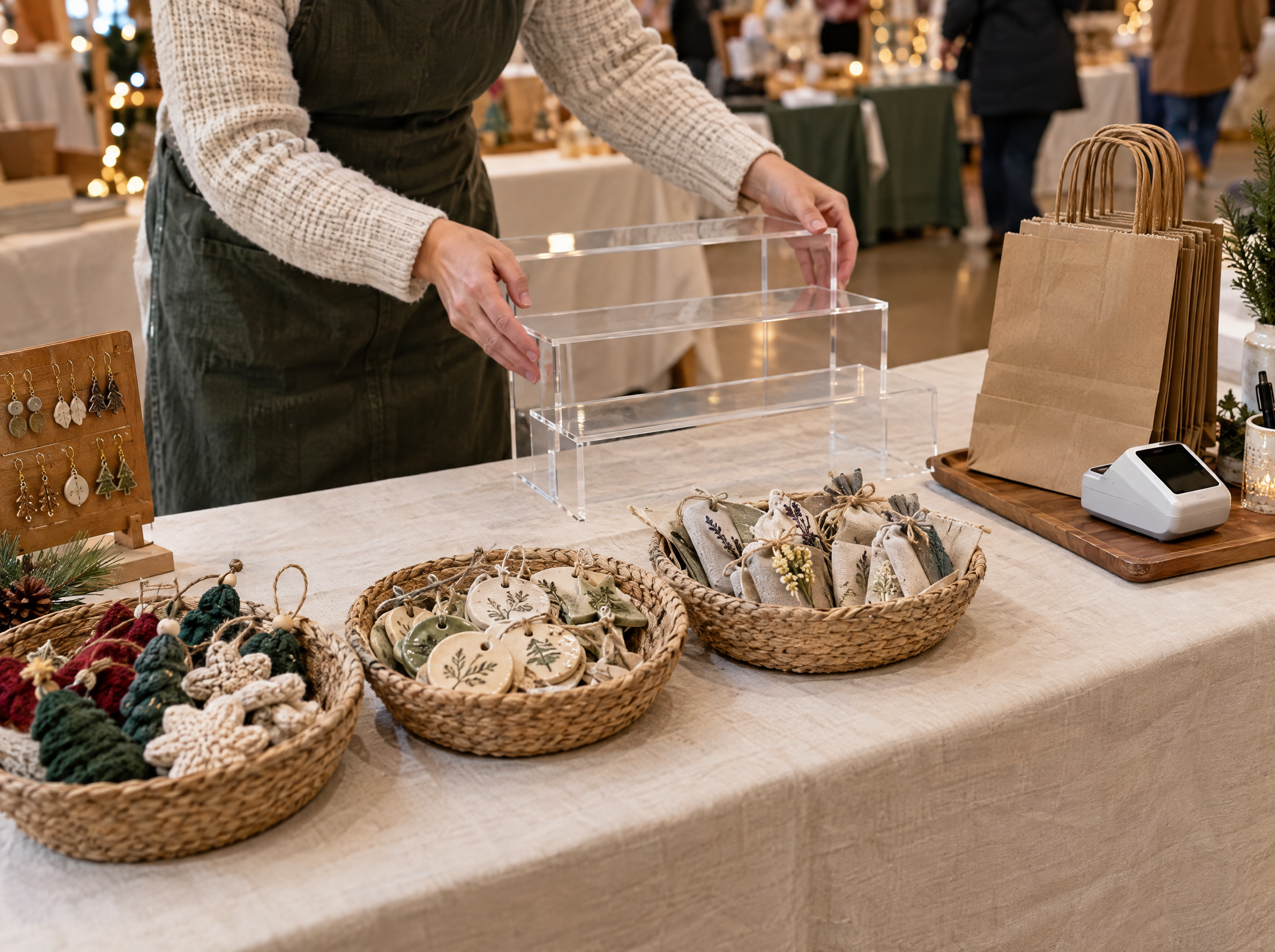 Setting up a craft fair table with a clear riser, baskets of handmade gifts and a card reader