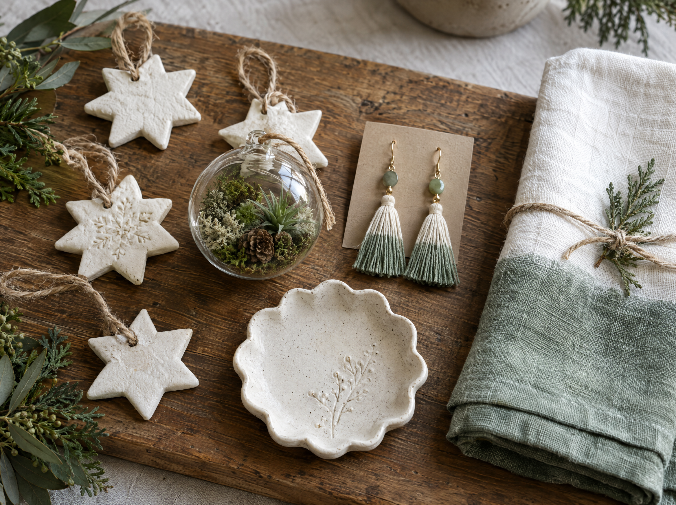 Handmade holiday gifts: salt dough star ornaments, terrarium ornament, tassel earrings, clay trinket tray and tea towel