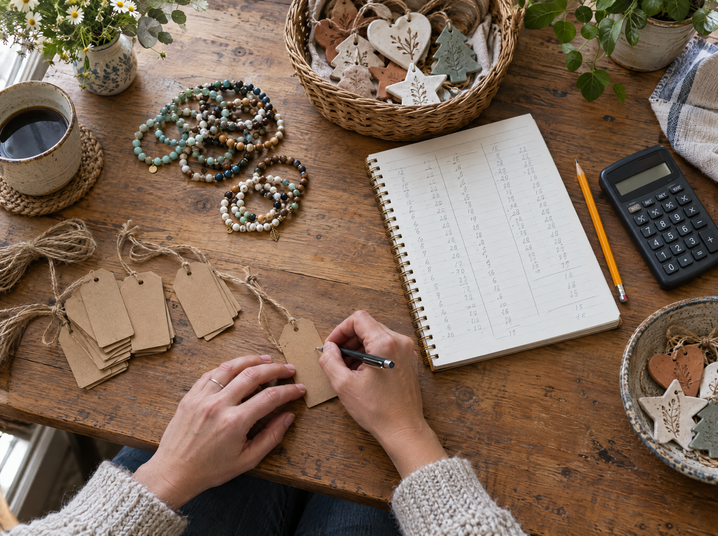 Writing prices on kraft tags next to handmade bracelets and a pricing notebook