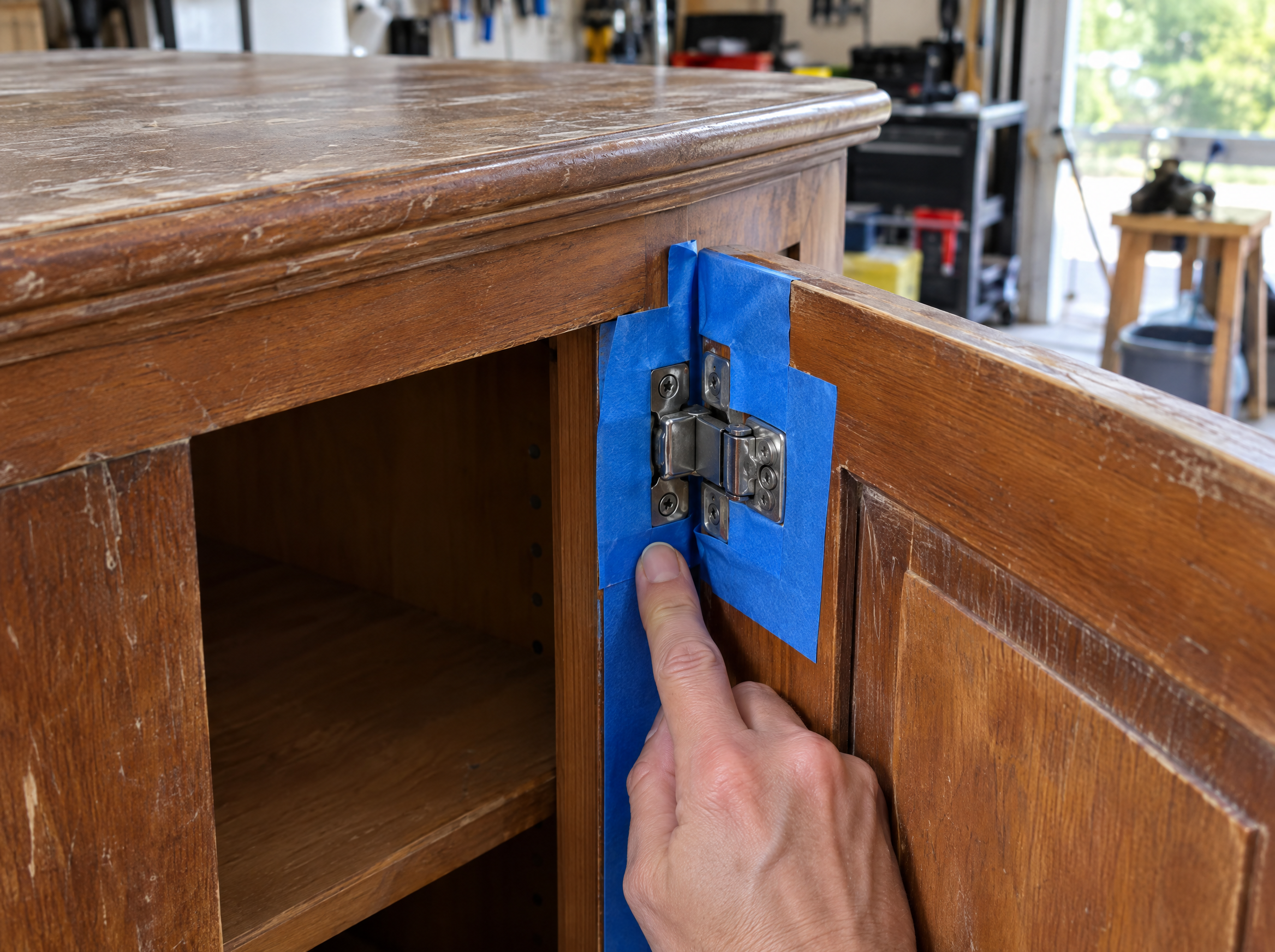 Taping around a cabinet hinge before painting wood furniture