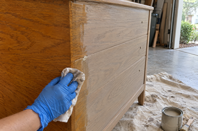 Tone down orange wood: gloved hand wiping a tan paint wash over half of an orange oak dresser in a garage