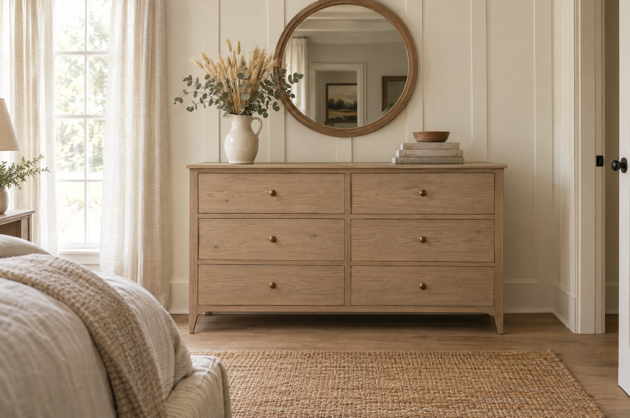 Oak dresser with a pale raw wood look and brass knobs in a farmhouse bedroom with board and batten walls