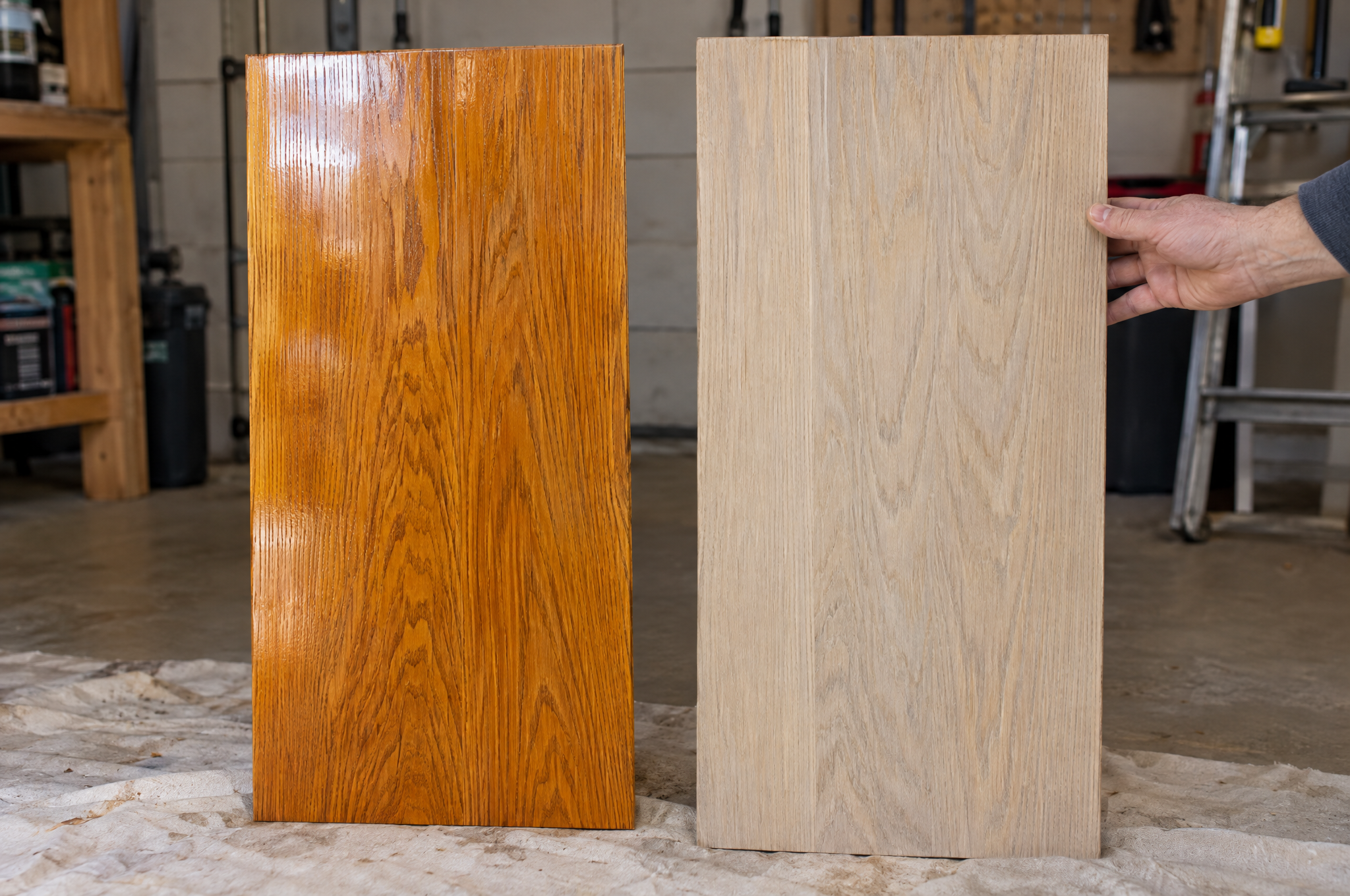 Orange oak board next to the same oak after a neutral wash, pale with the grain showing