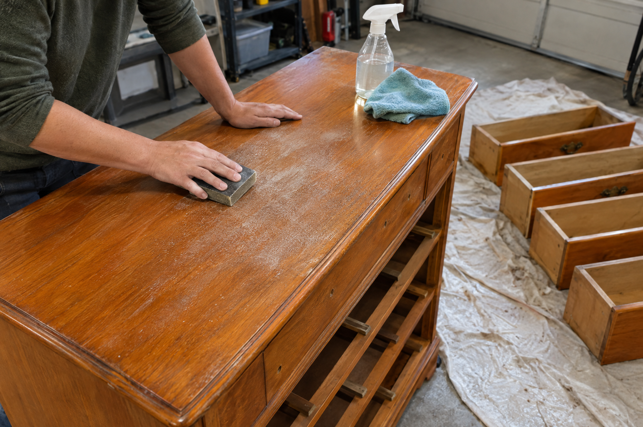 Scuff sanding the glossy top of an orange oak dresser with a fine sanding sponge, drawers out on a drop cloth