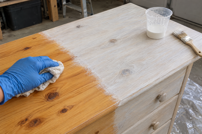 How to whitewash furniture: gloved hand wiping a white wash across half of an orange pine dresser top