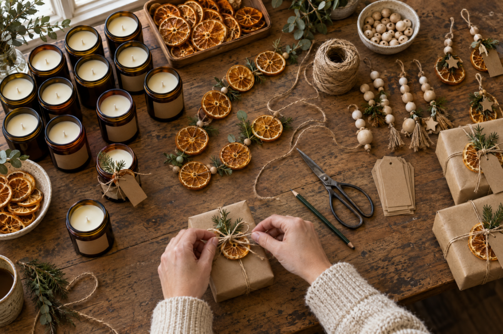 DIY crafts to sell: hands tying twine on a kraft gift bundle among handmade candles and orange slice garlands