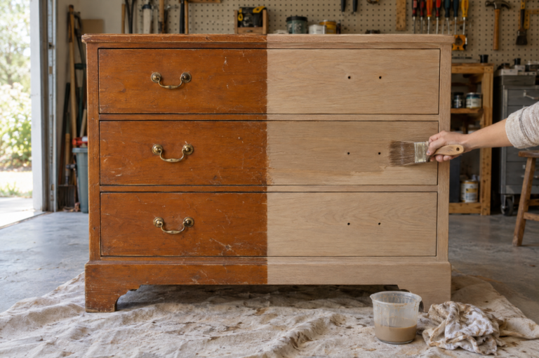 Flip furniture: brushing a pale raw wood wash over the right half of an orange thrift dresser