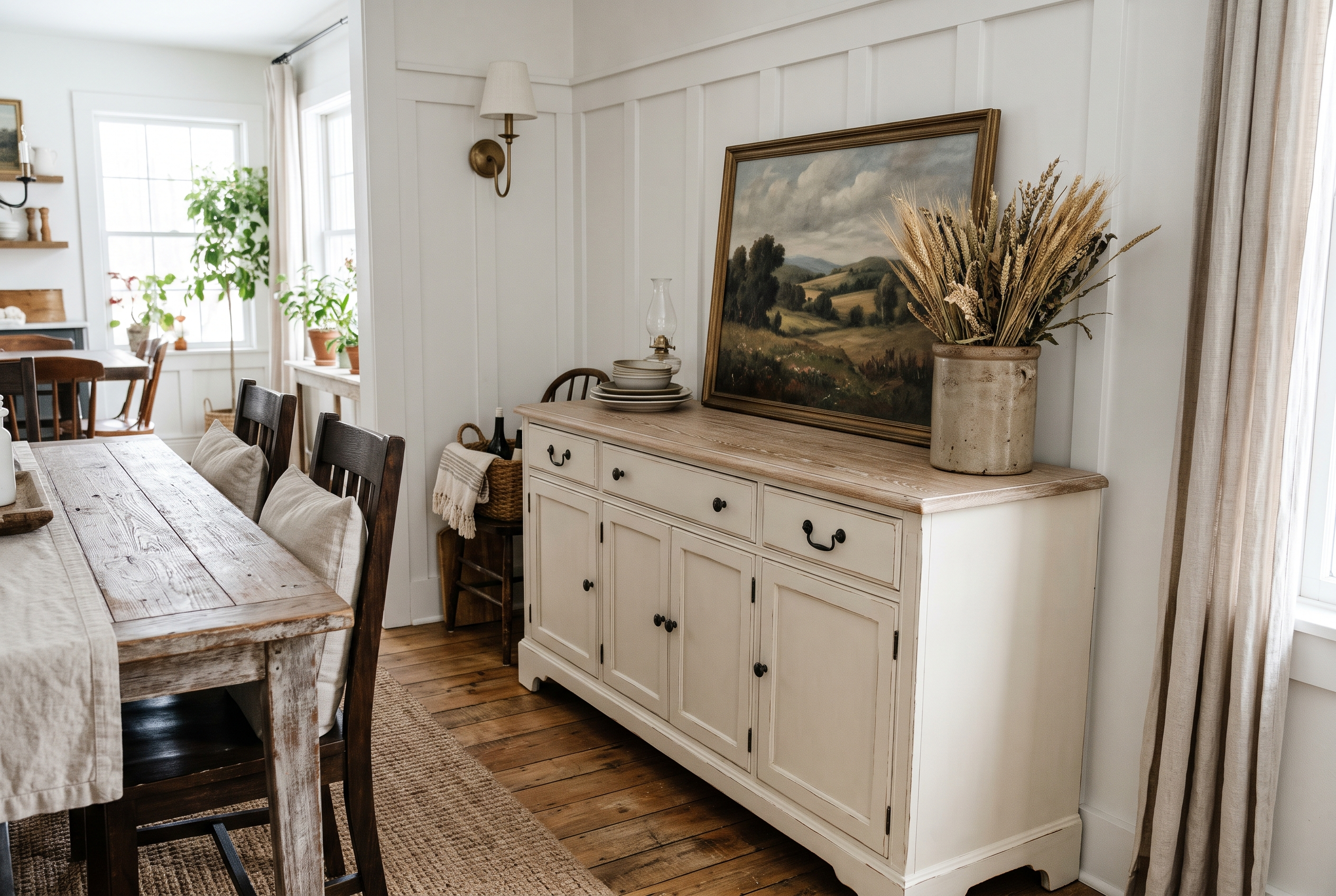 Chalk paint furniture idea: warm white buffet with a washed wood top in a farmhouse dining room