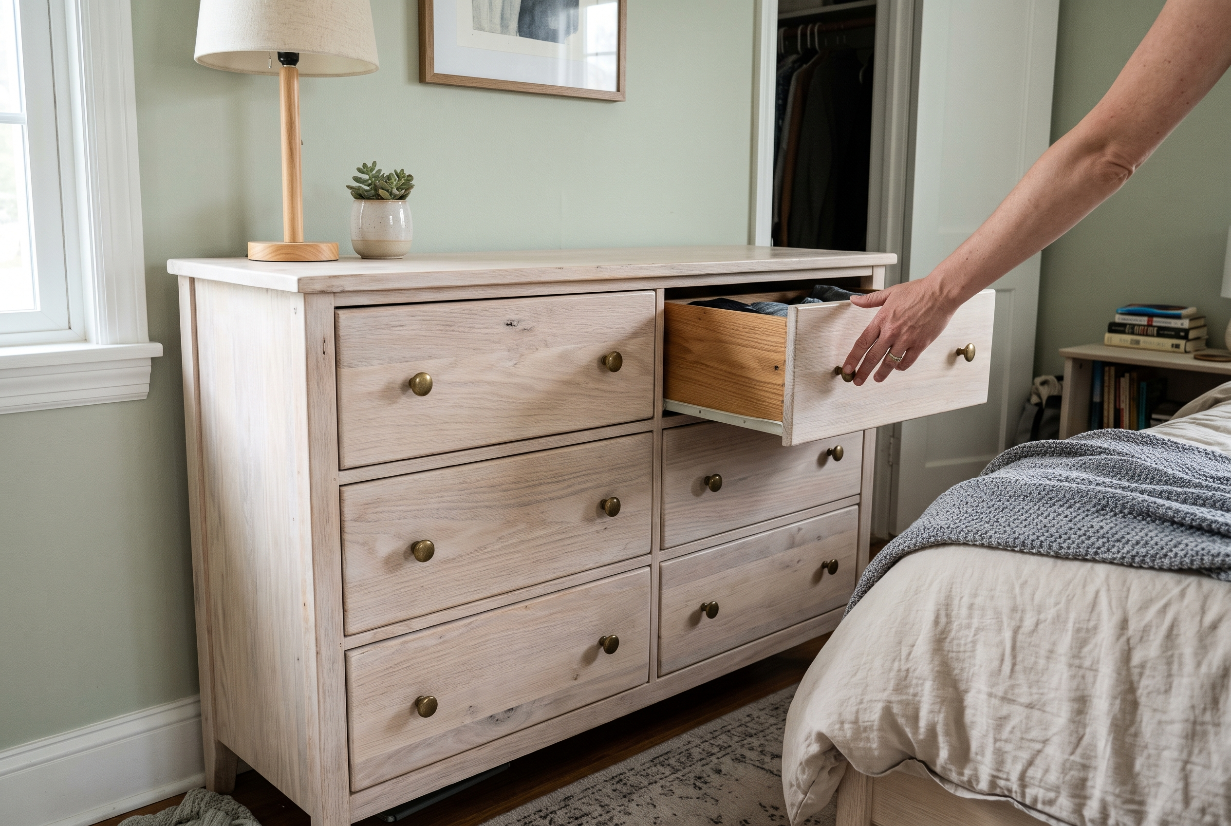 Whitewashed oak dresser with the grain showing in a bedroom