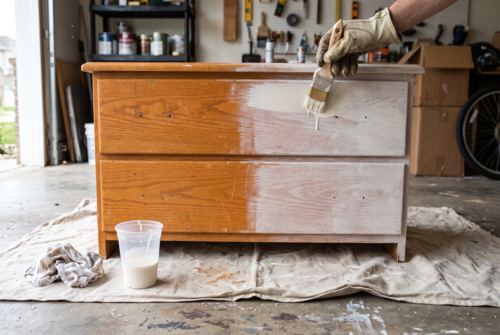 How to paint wood furniture: brushing a soft white wash over an orange oak dresser drawer so the grain shows