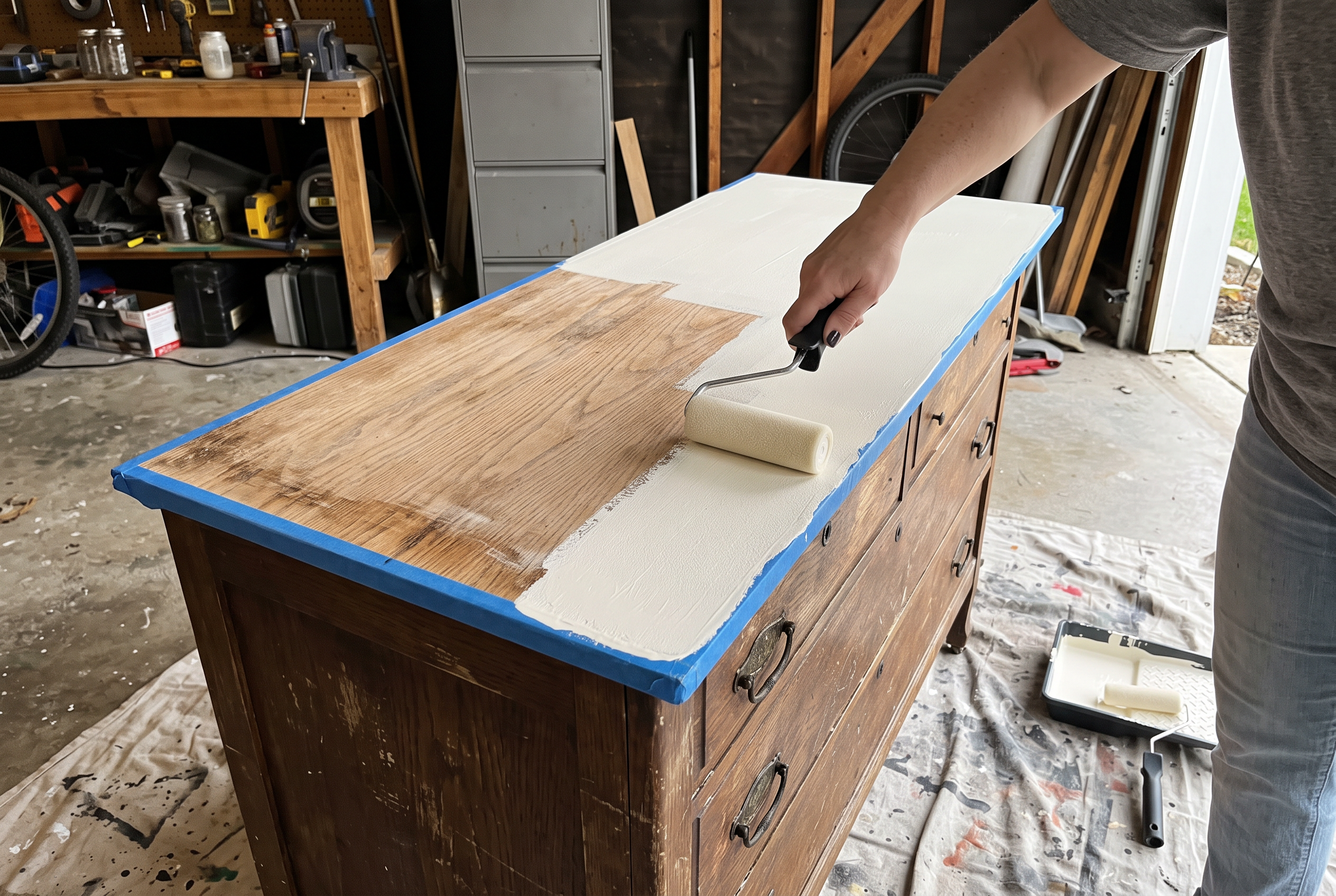 Rolling a thin coat of warm white paint onto a dresser top