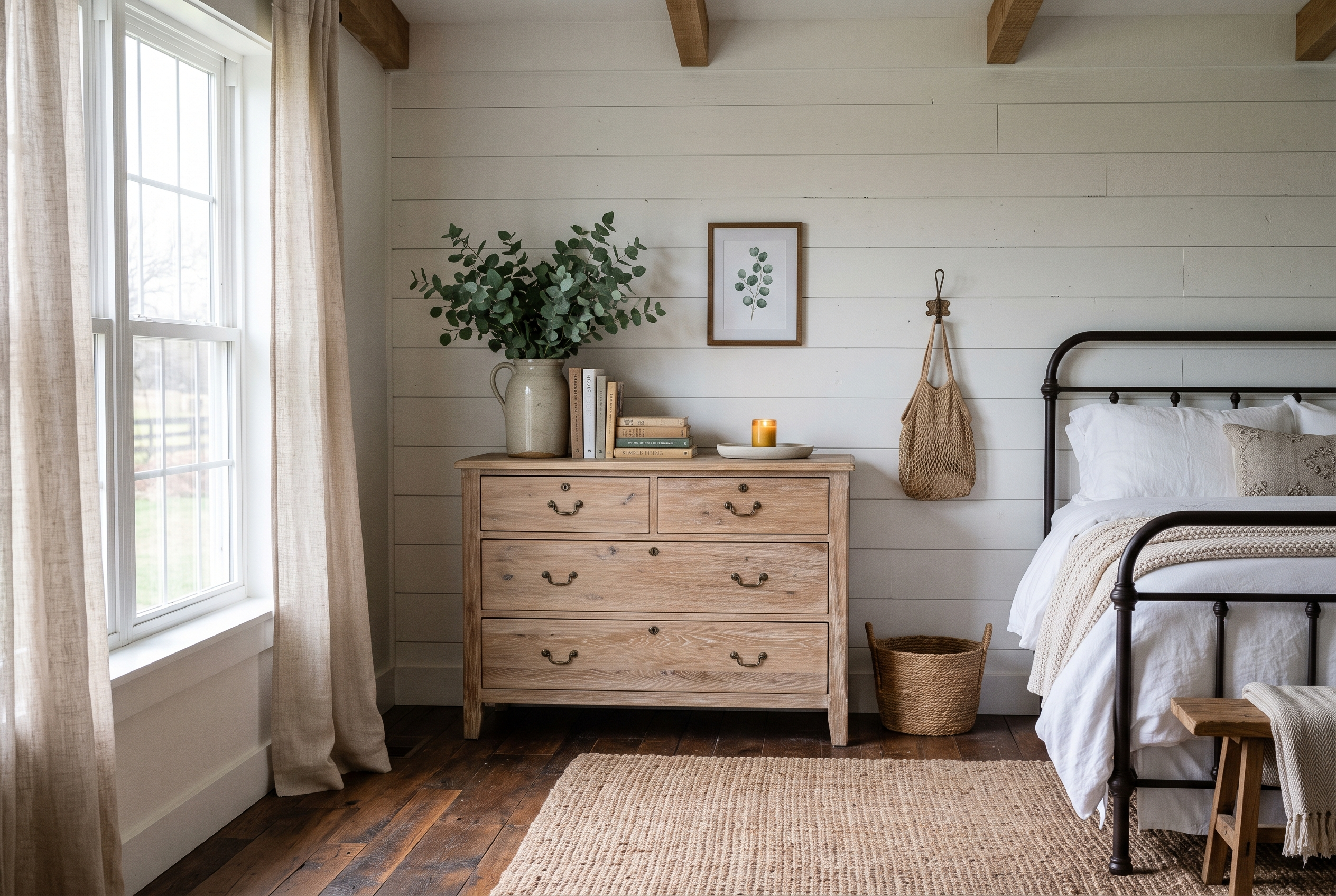 Painted wood furniture: whitewashed oak dresser in a farmhouse bedroom