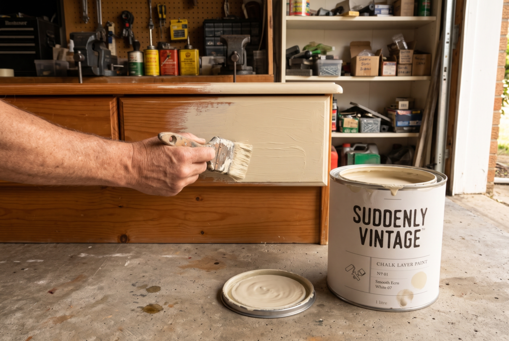 Chalk paint furniture ideas: brushing ecru chalk paint over half of an orange pine dresser drawer in a garage, can and lid on the floor