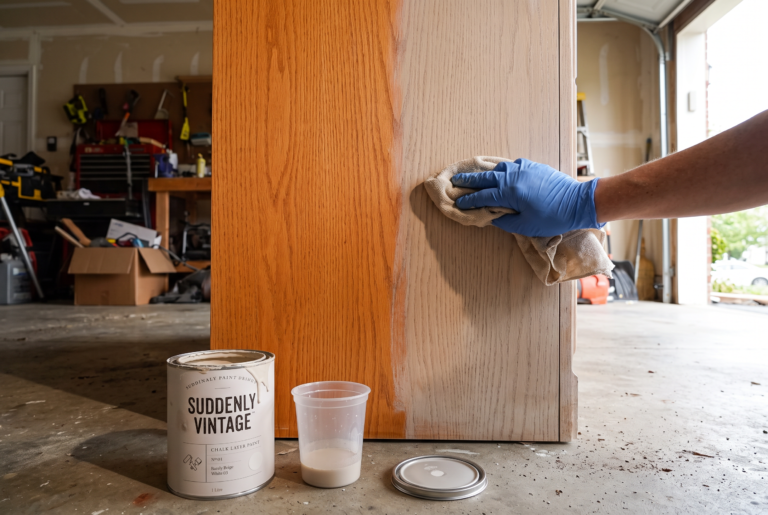 Tone down orange wood: gloved hand wiping a pale tan wash over half of an orange oak dresser side