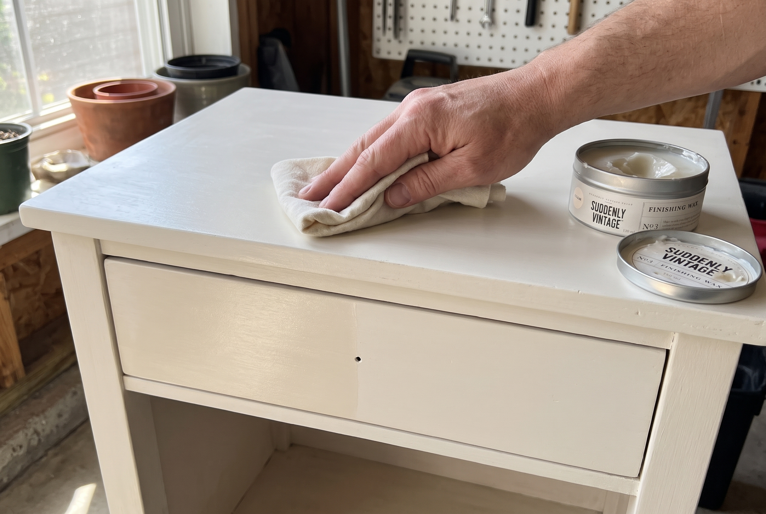 Buffing clear finishing wax with a cloth onto a warm white painted nightstand, wax tin open beside it