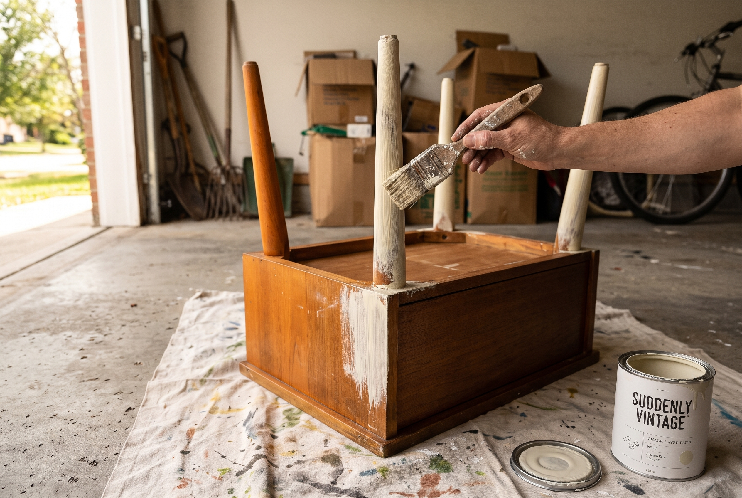 Brushing a first thin coat of ecru chalk paint onto the leg of an upside-down dresser in a garage