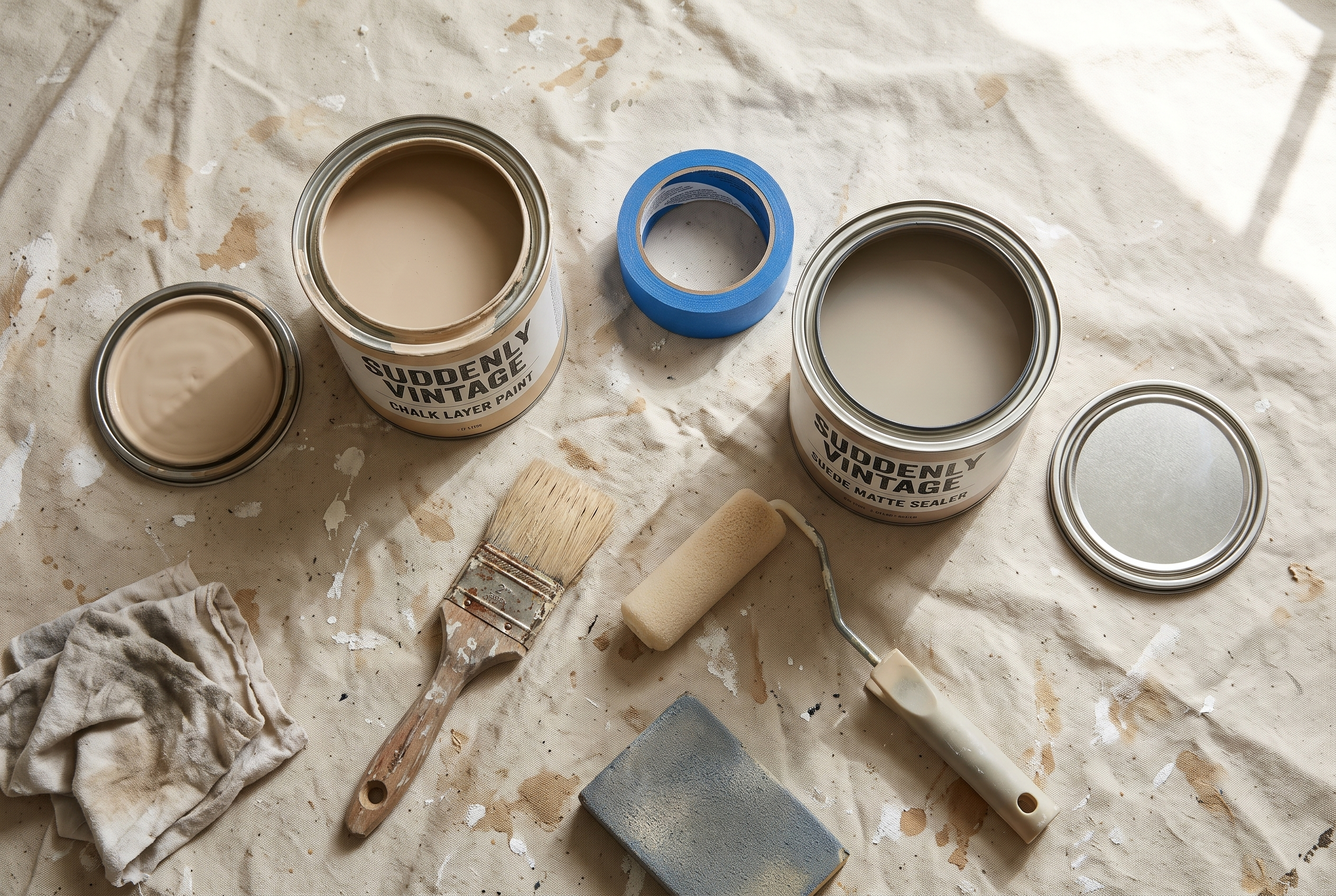 Supplies to paint wood furniture from above on a drop cloth: chalk paint, matte sealer, tape, brush, roller and sanding sponge