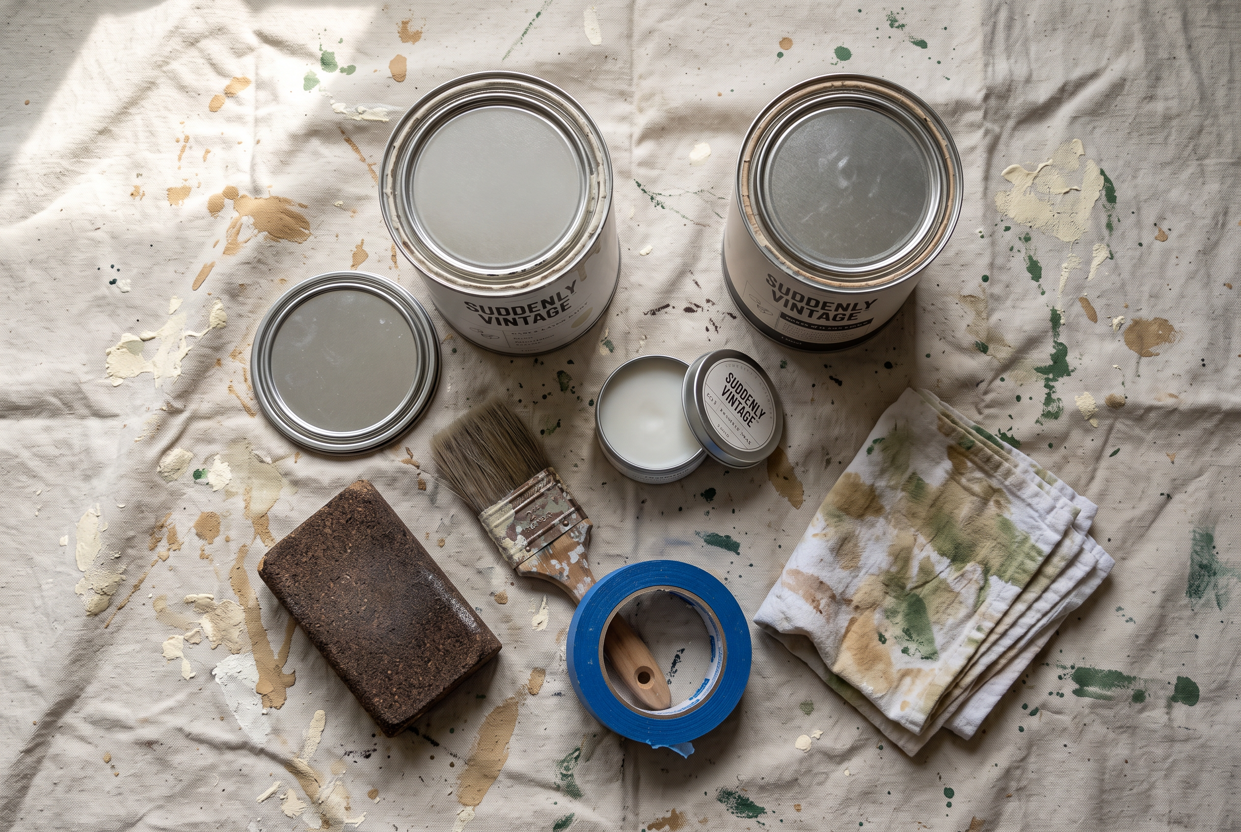Chalk paint supplies from above on a drop cloth: chalk paint, matte sealer, finishing wax, brush, sanding block, tape and rag
